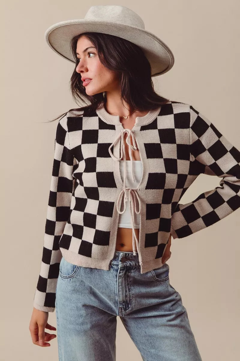 Shop Tie Front Checkered Knitted Round Neck Cardigan at In Style Chics Boutique