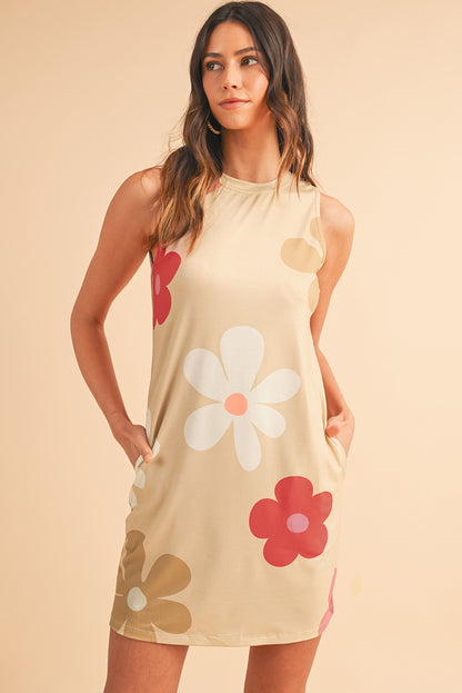 Apricot Flower Print Crew Neck Sleeveless Mini Dress