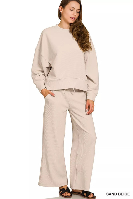 Ribbed Round Neck Pullover and Drawstring Pants Set at In Style Chics Boutique 