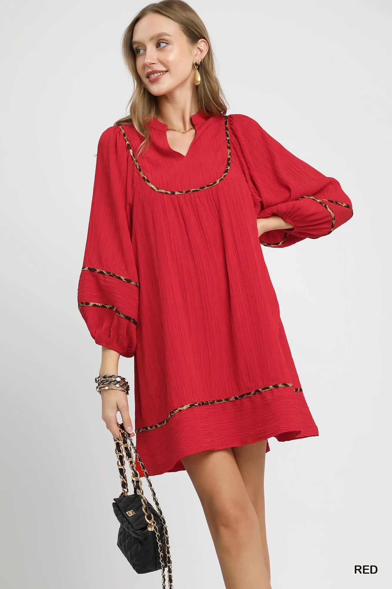 Textured Babydoll Dress with Leopard Trim at In Style Chics Boutique 