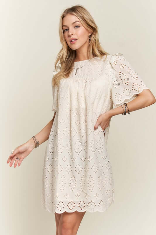 ADORA Ruffled Eyelet Round Neck Dress - In Style Chics Boutique LLC