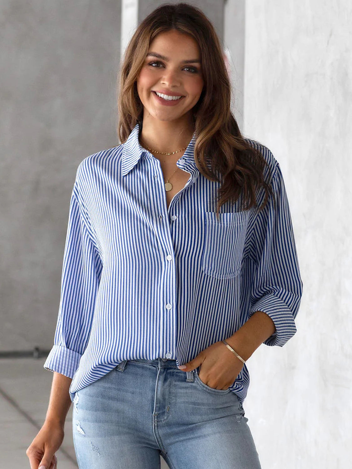 Striped Collared Neck Shirt with Pocket - In Style Chics Boutique LLC