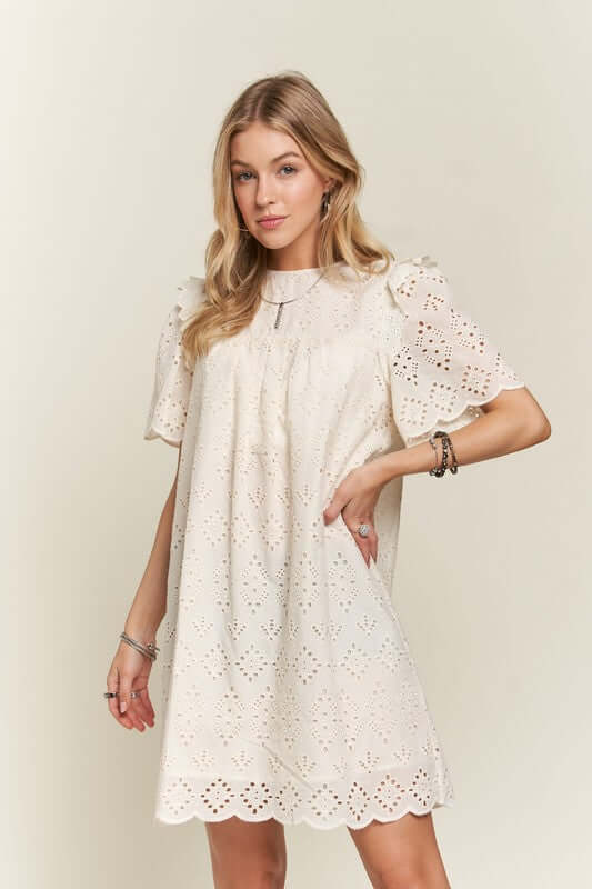 ADORA Ruffled Eyelet Round Neck Dress - In Style Chics Boutique LLC