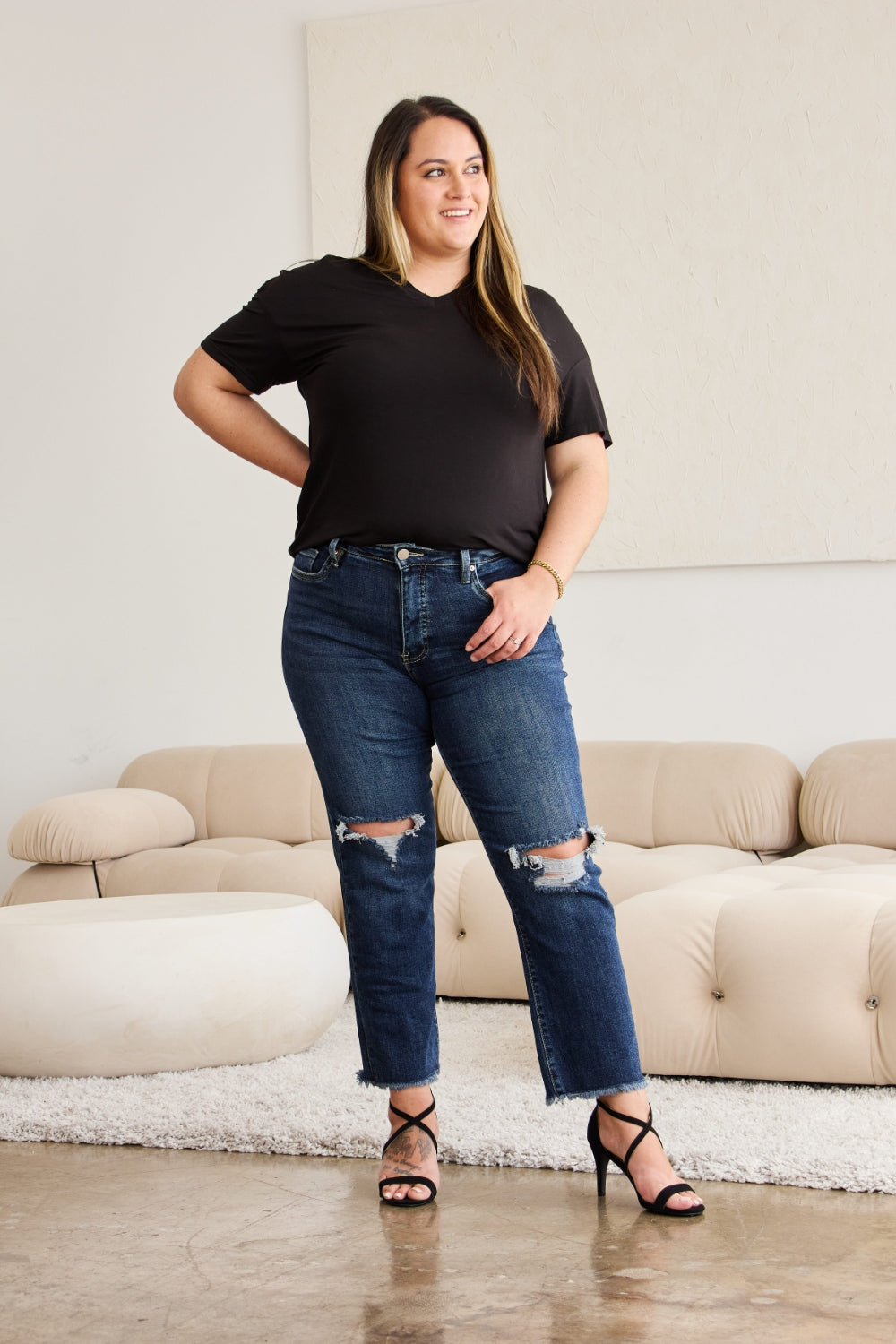 RFM Crop Dylan Full Size Tummy Control Distressed High Waist Raw Hem Jeans - In Style Chics Boutique LLC