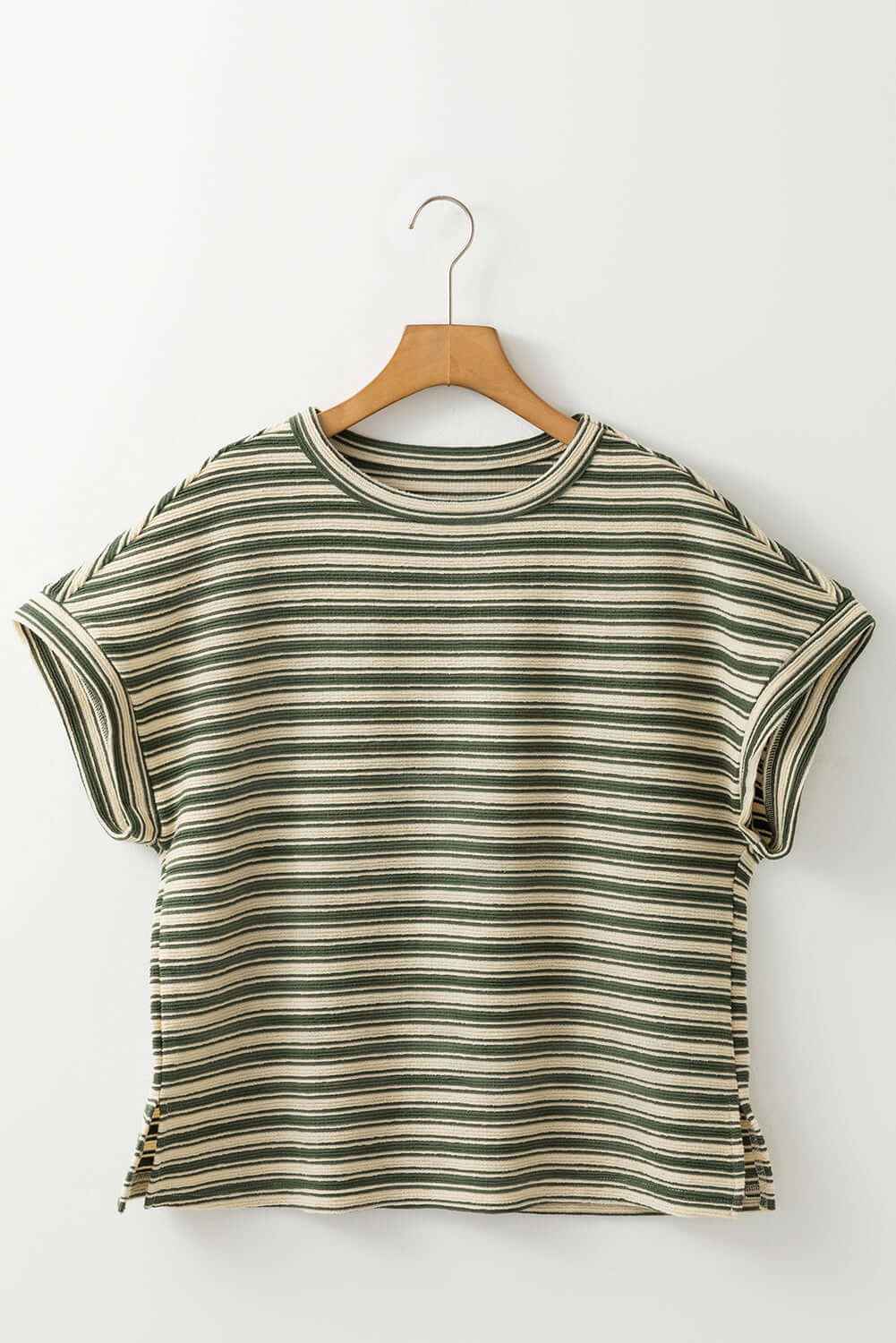 Green Stripe Textured Side Slit Crew Neck T Shirt - Cute Clothes Online - In Style Chics Boutique Women's Juniors Apparel