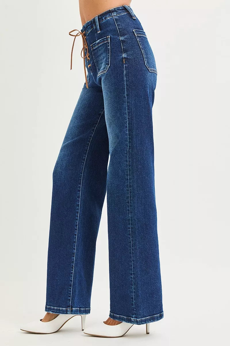 RISEN High Rise Wide Leg Jeans with Front Tie Detail