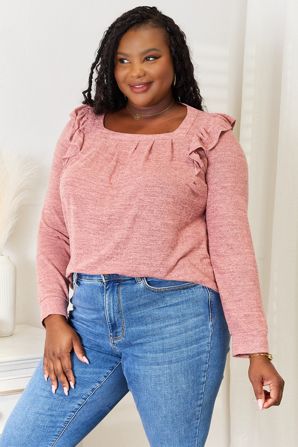 Square Neck Ruffle Shoulder Long Sleeve T-Shirt Shop Deals at In Style Chics Boutique 