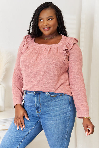 Square Neck Ruffle Shoulder Long Sleeve T-Shirt Shop Deals at In Style Chics Boutique 