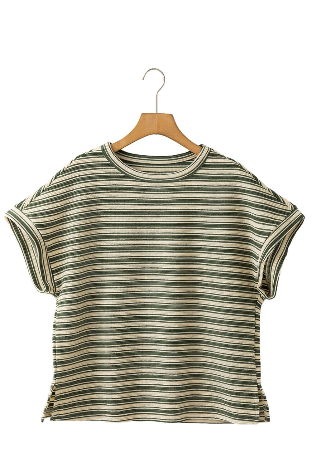 Green Stripe Textured Side Slit Crew Neck T Shirt - Cute Clothes Online - In Style Chics Boutique Women's Juniors Apparel