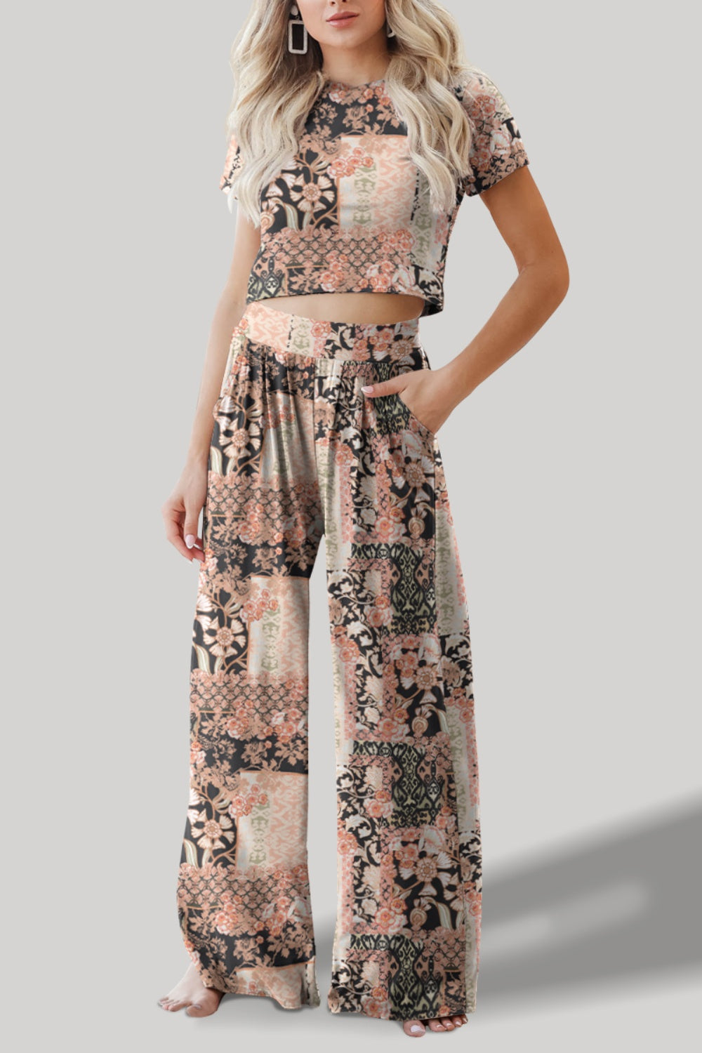 Printed Round Neck Short Sleeve Top and Pants Set - In Style Chics Boutique LLC