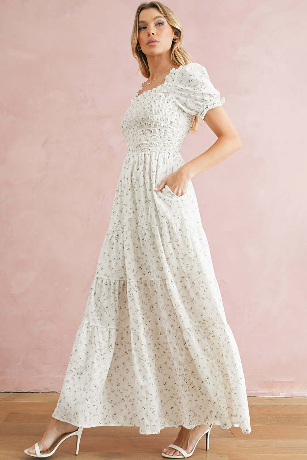 White Frill Neckline Shirred Bodice Floral Maxi Dress - In Style Chics Boutique Online Clothing Women's Juniors Apparel 