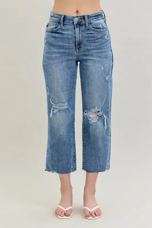 Judy Blue High Waist Destroy Crop Wide Leg Jeans - In Style Chics Boutique Women's Juniors Plus Size Apparel Online