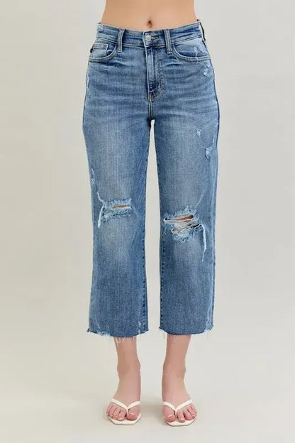 Judy Blue High Waist Destroy Crop Wide Leg Jeans - In Style Chics Boutique Women's Juniors Plus Size Apparel Online