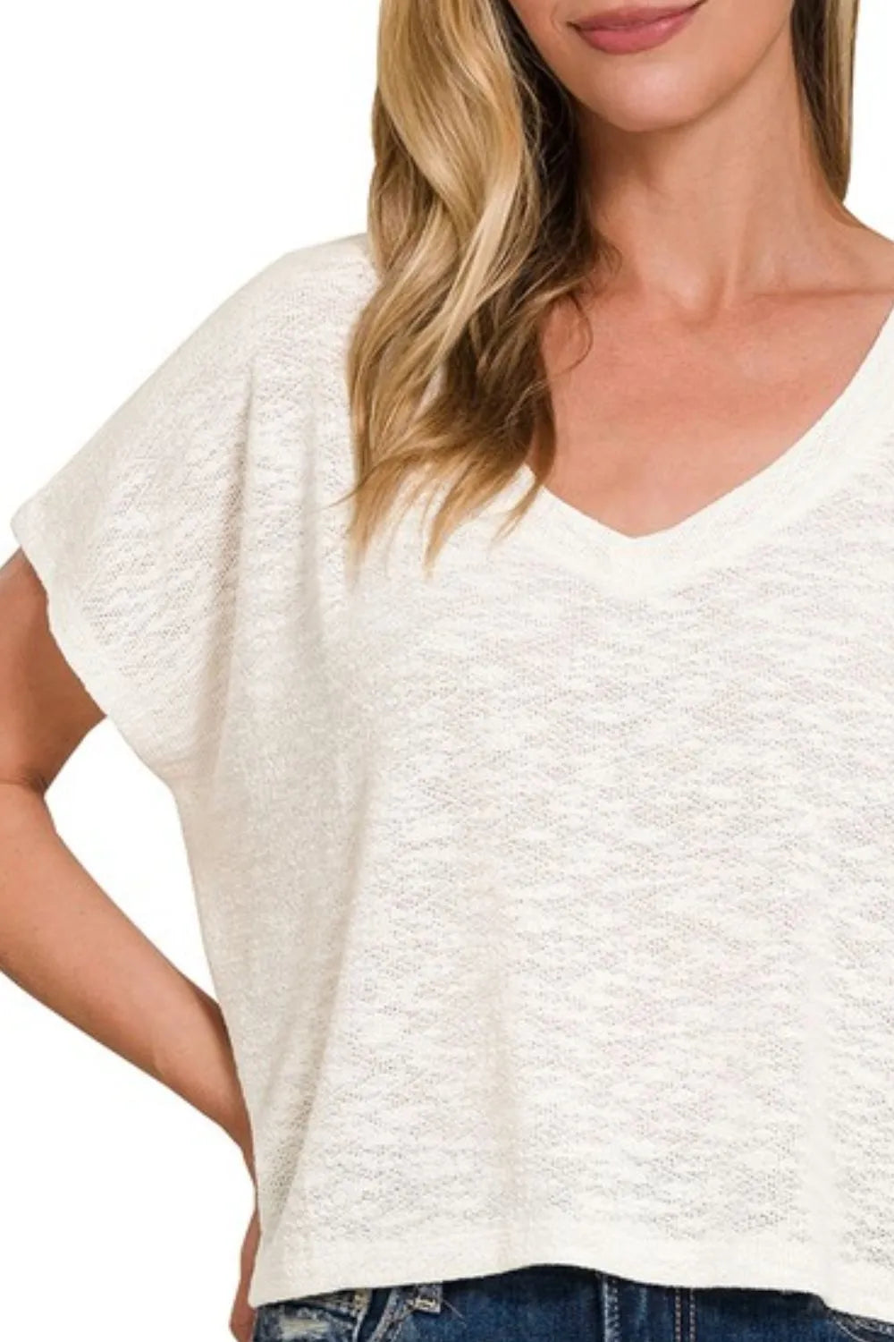 Crop Top, Hacci Slub V-neck Drop Shoulder  - In Style Chics Boutique 