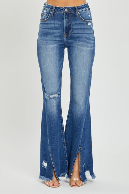 RISEN Full Size High Rise Front Slit Frayed Hem Flare Jeans - In Style Chics Boutique LLC