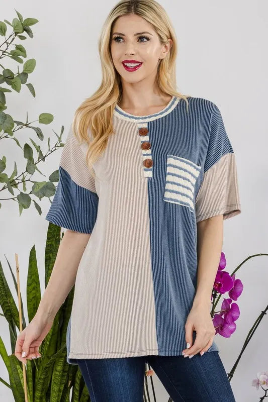 Rib Contrast Short Sleeve T-Shirt - Made in USA  - In Style Chics Boutique Women's Juniors Plus Size Cute Clothes Online 
