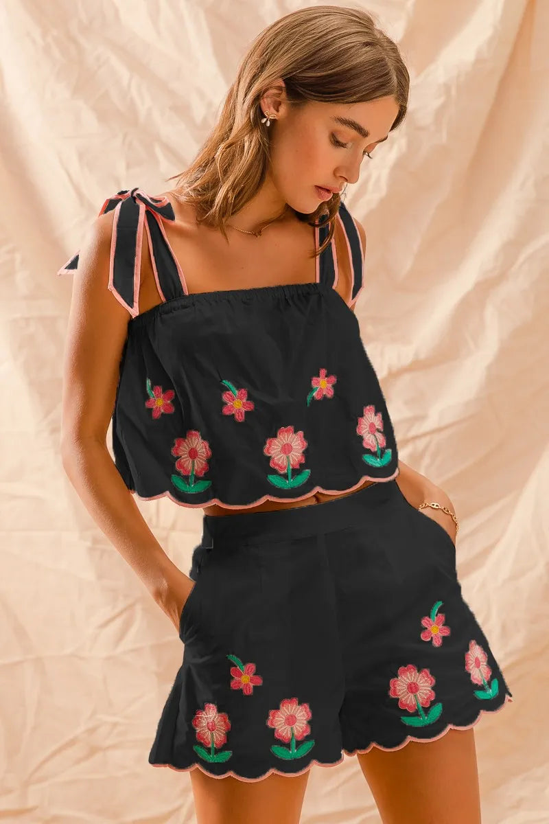 Flower Embroidered Tank Top and Shorts Set at In Style Chics Boutique 