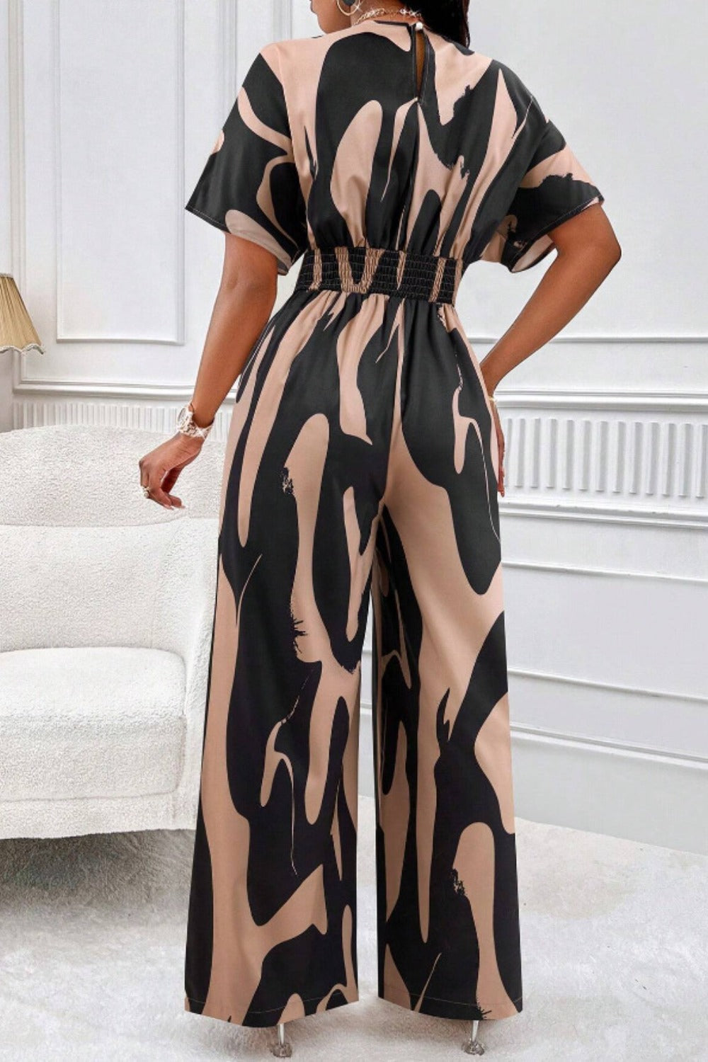 Printed V-Neck Short Sleeve Wide Leg Jumpsuit - In Style Chics Boutique LLC