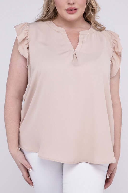 Plus Size High-Low Top, Woven Wool Ruffled Sleeve - In Style Chics Boutique 