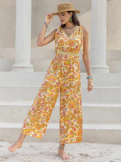 Printed V-Neck Tie Shoulder Jumpsuit - In Style Chics Boutique LLC