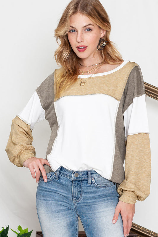 Khaki Color Block Exposed Seam Long Sleeve Top - In Style Chics Boutique LLC