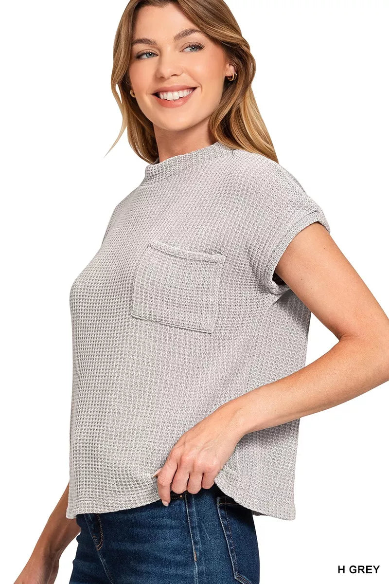 Zenana Chenille Waffle Short Sleeve H Grey Sweater