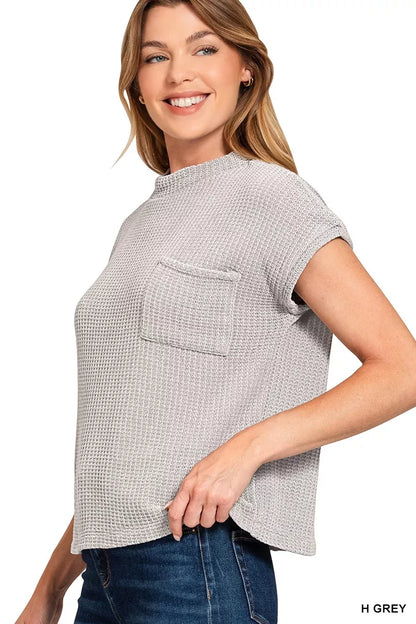Zenana Chenille Waffle Short Sleeve H Grey Sweater