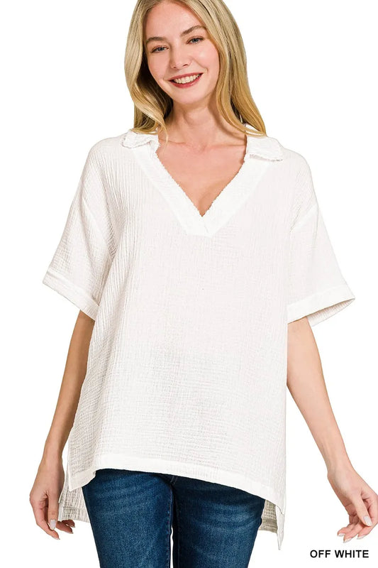 Double Gauze Short Sleeve High-Low Top at In Style Chics Boutique 