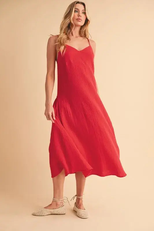 Side Button Midi Red Cami Dress - In Style Chics Boutique Women's Juniors Apparel Online In Style Clothes