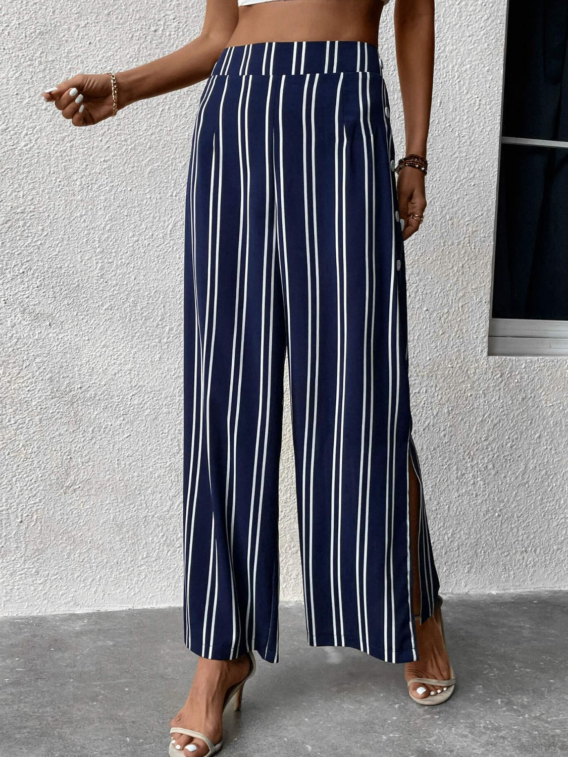 Striped Slit Wide Leg Pants - In Style Chics Boutique LLC