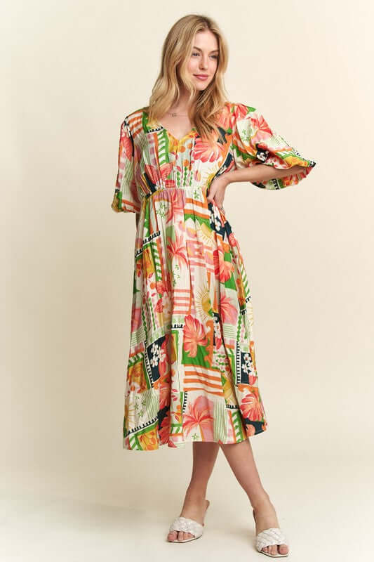 ADORA Floral V-Neck Puff Sleeve Midi Dress - In Style Chics Boutique LLC