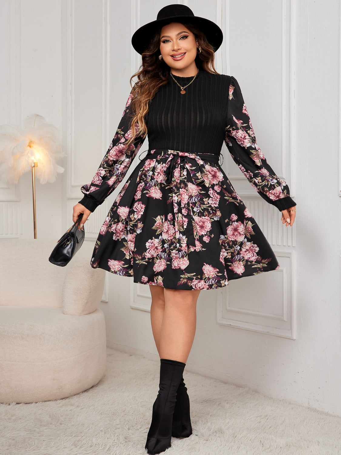 Plus Size Tied Printed Long Sleeve Dress - In Style Chics Boutique LLC