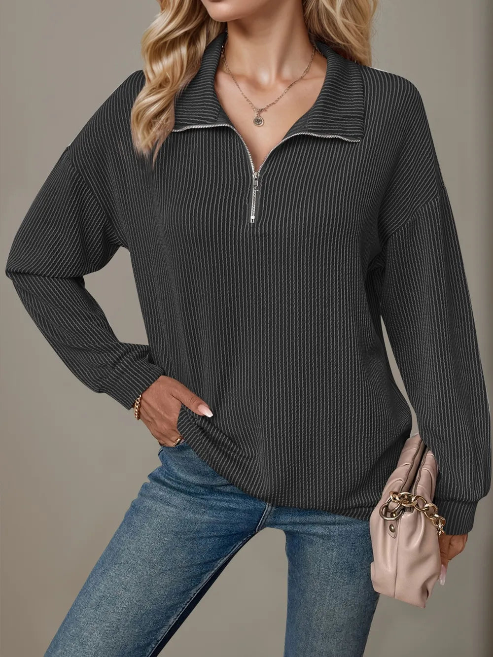 Striped Half Zip Long Sleeve T-Shirt at In Style Chics Boutique 