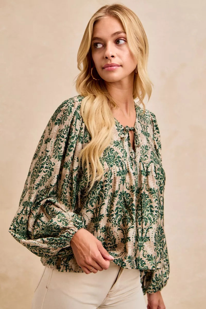 Printed Woven Front Tied Blouse with Balloon Sleeve at In Style Chics Boutique 