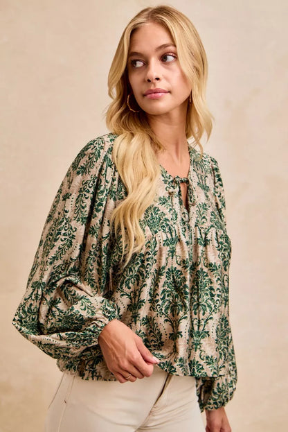 Printed Woven Front Tied Blouse with Balloon Sleeve at In Style Chics Boutique 