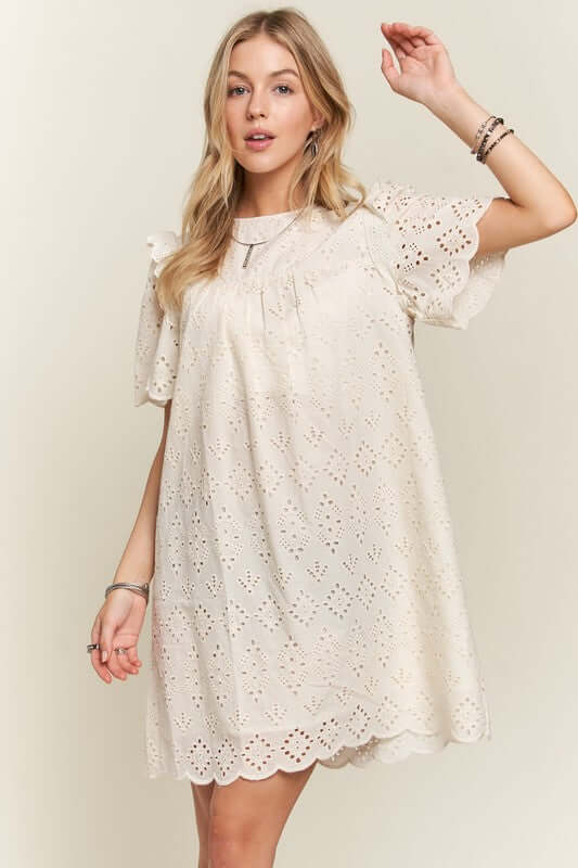 ADORA Ruffled Eyelet Round Neck Dress - In Style Chics Boutique LLC