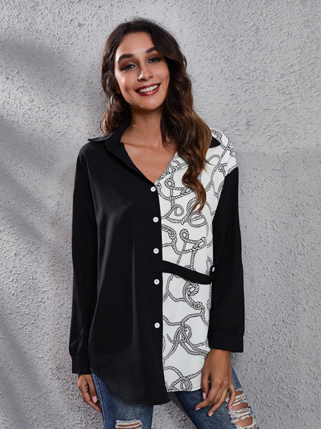 Contrast Button Up Long Sleeve Shirt - In Style Chics Boutique LLC