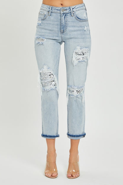 RISEN Mid-Rise Sequin Patched Jeans - In Style Chics Boutique LLC