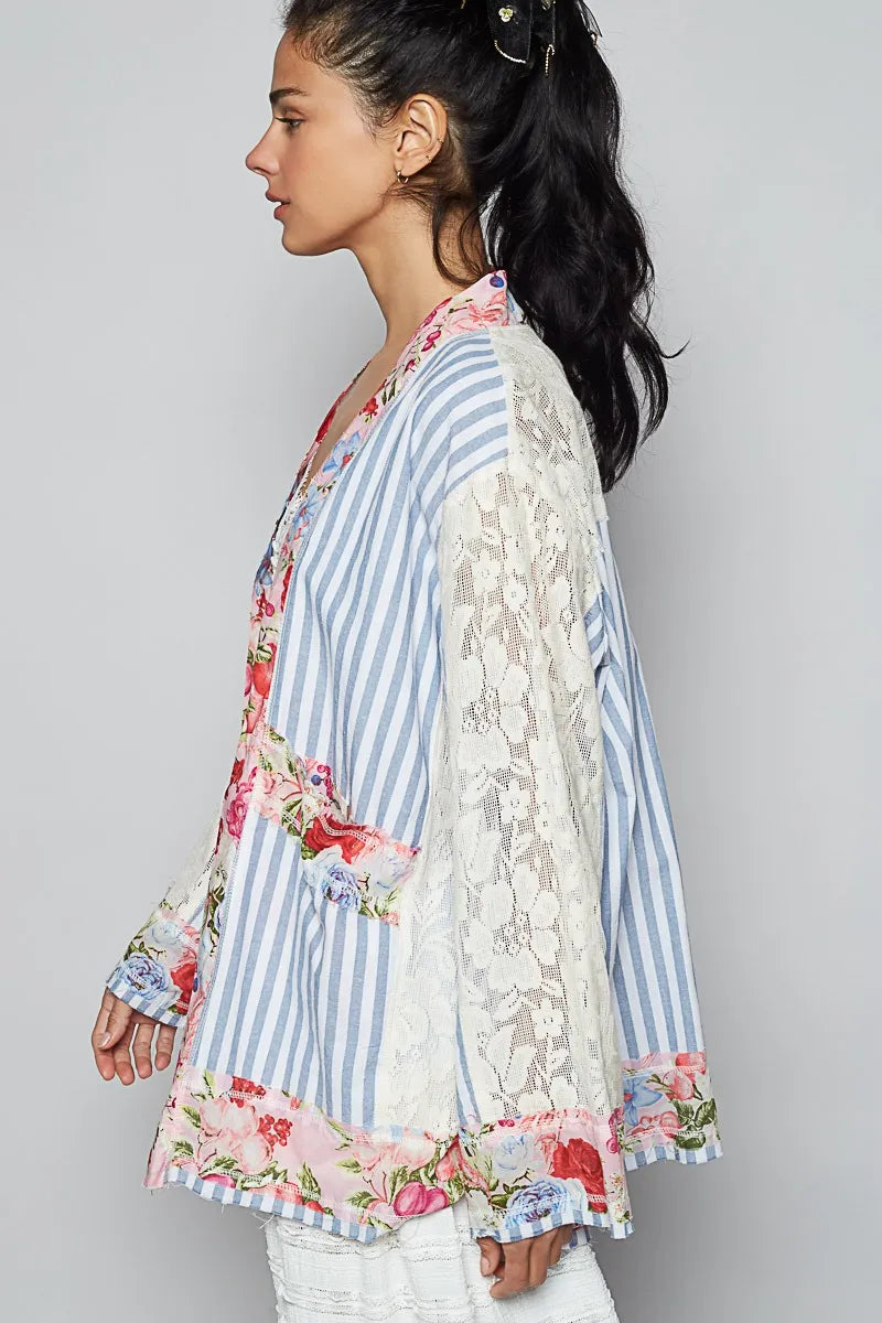 Lace Long Sleeve Striped Cardigan with Floral Patchwork - In Style Chics Boutique 