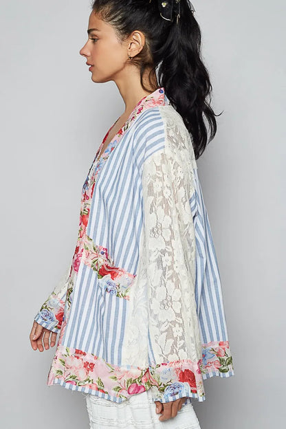Lace Long Sleeve Striped Cardigan with Floral Patchwork - In Style Chics Boutique 