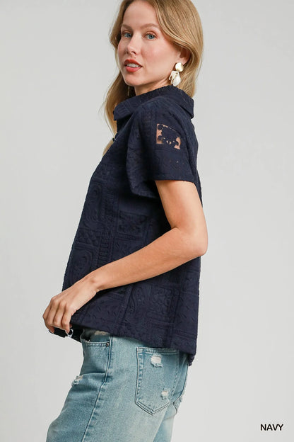 Short Sleeve Button Down Navy Shirt Patch Lace at In Style Chics Boutique 