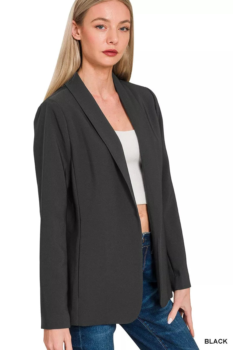 Women's Black Blazer, Woven Long Sleeve  With Lining at In Style Chics Boutique 