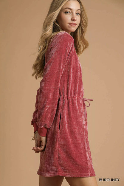 Velour Drawstring Mini Dress with Long Sleeves at In Style Chics Boutique 