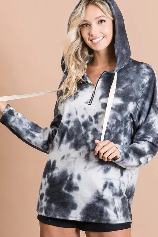 Tie Dye Brushed Terry Hoodie with Zip Up Closure