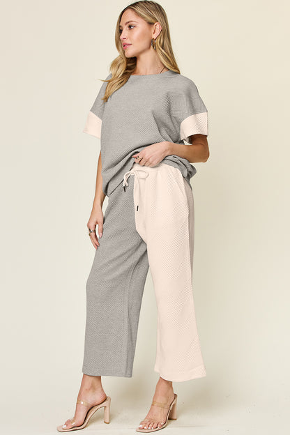 Double Take Full Size Texture Contrast T-Shirt and Wide Leg Pants Set - More Colors! - In Style Chics Boutique LLC