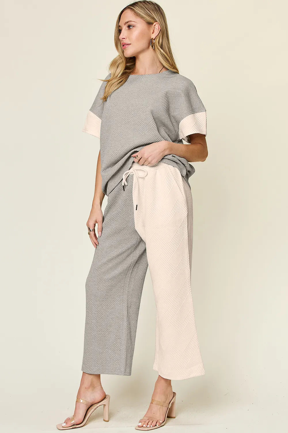 Textured Contrast T-Shirt and Wide Leg Pants Set - In Style Chics Boutique Women's Clothes 