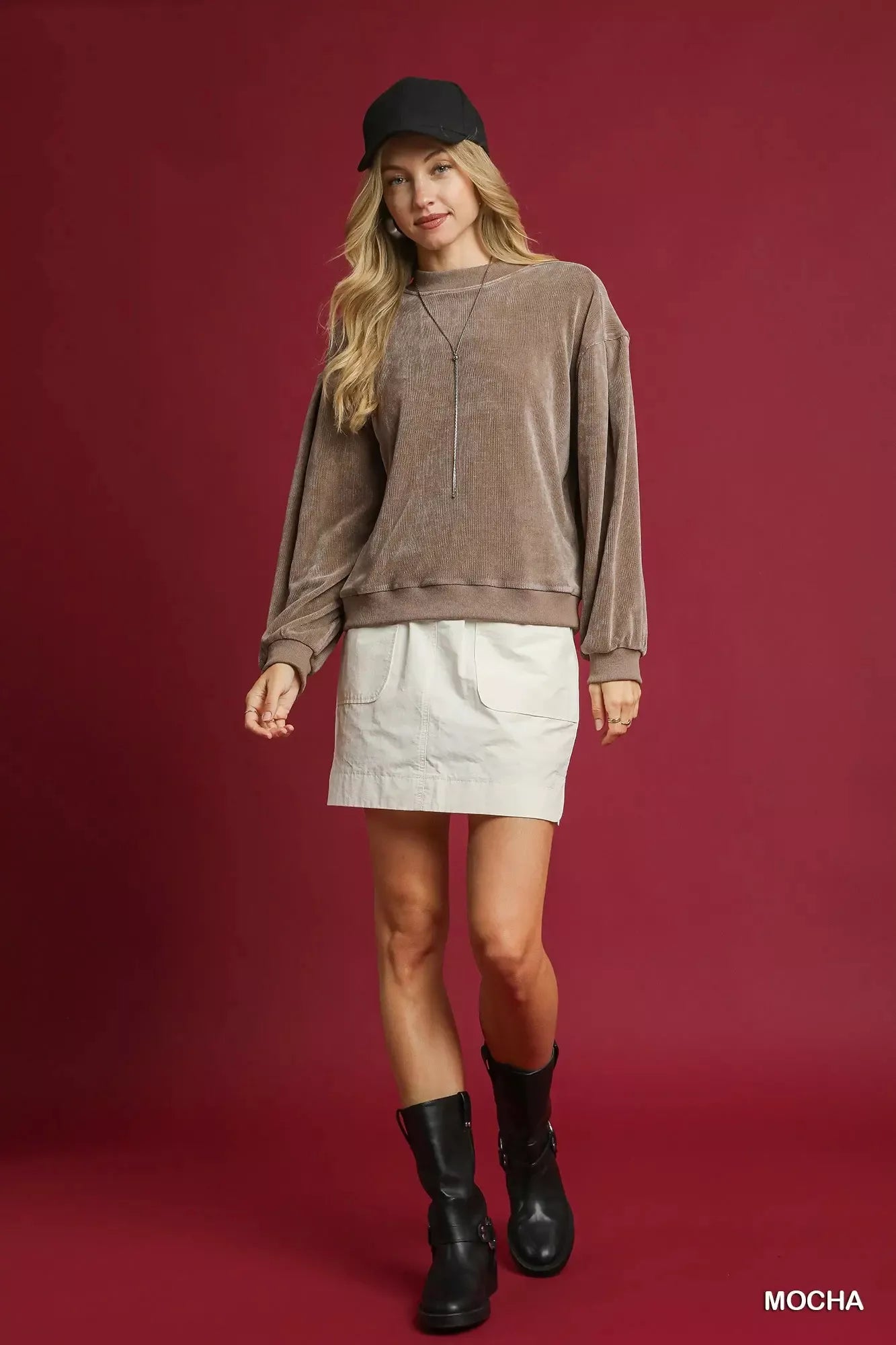 Velour Sweatshirt, Crewneck Balloon Sleeve  at In Style Chics Boutique 