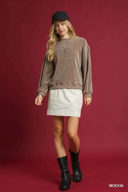 Velour Sweatshirt, Crewneck Balloon Sleeve  at In Style Chics Boutique 