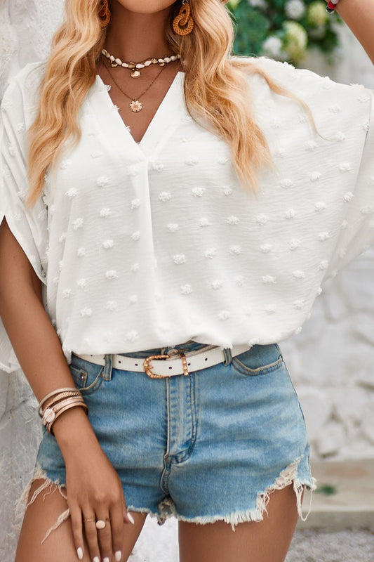 Swiss Dot Notched Half Sleeve Blouse - In Style Chics Boutique LLC