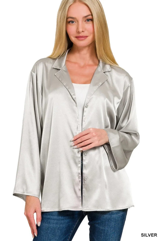 Satin Button Down Shirt in Silver at In Style Chics Boutique 